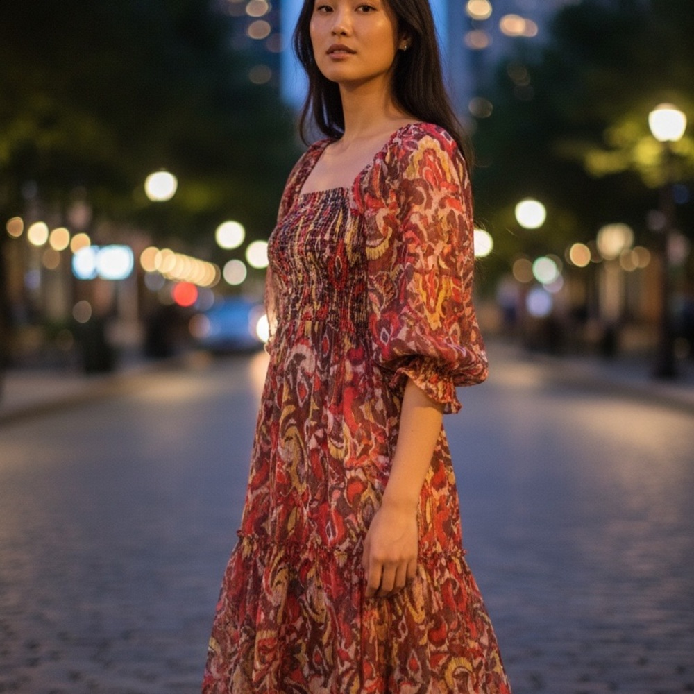 Smocked and Tiered Ikat Dress with Sheer Aleeves